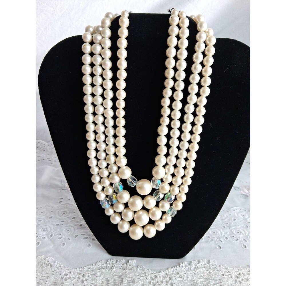 Vintage 4 Multi Strand Faux Pearl Beads Beaded Graduated Necklace Japan